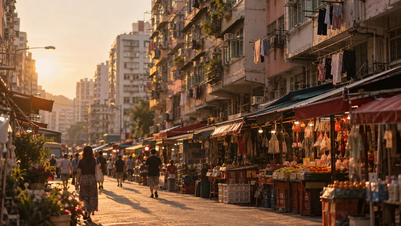 深水埗舊區街道，黃昏時分嘅唐樓同街檔