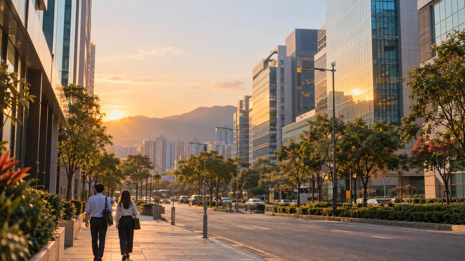 石門工商大廈群，傍晚陽光照喺玻璃外牆