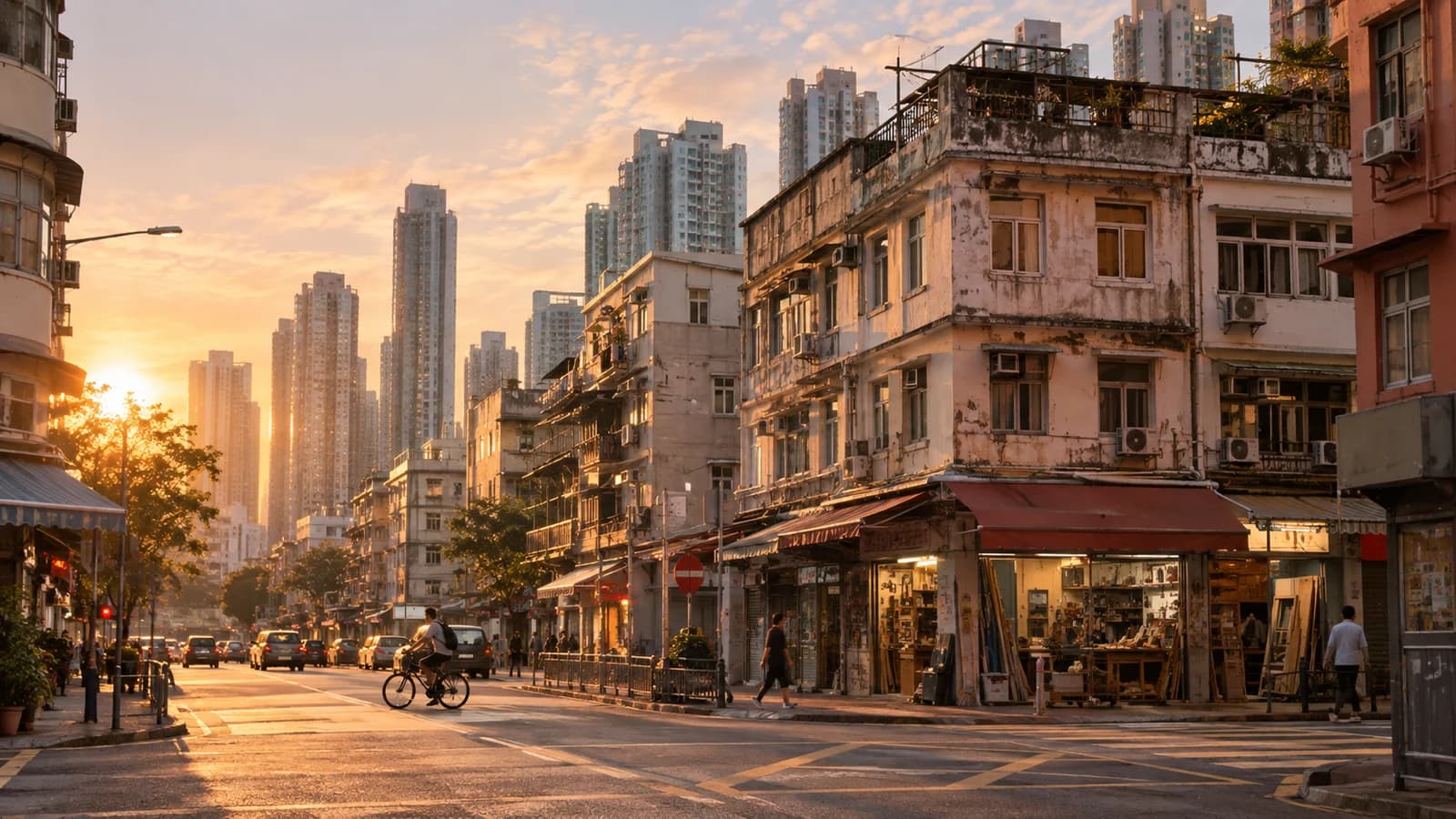 大角咀街角黃昏，舊樓同新住宅大廈