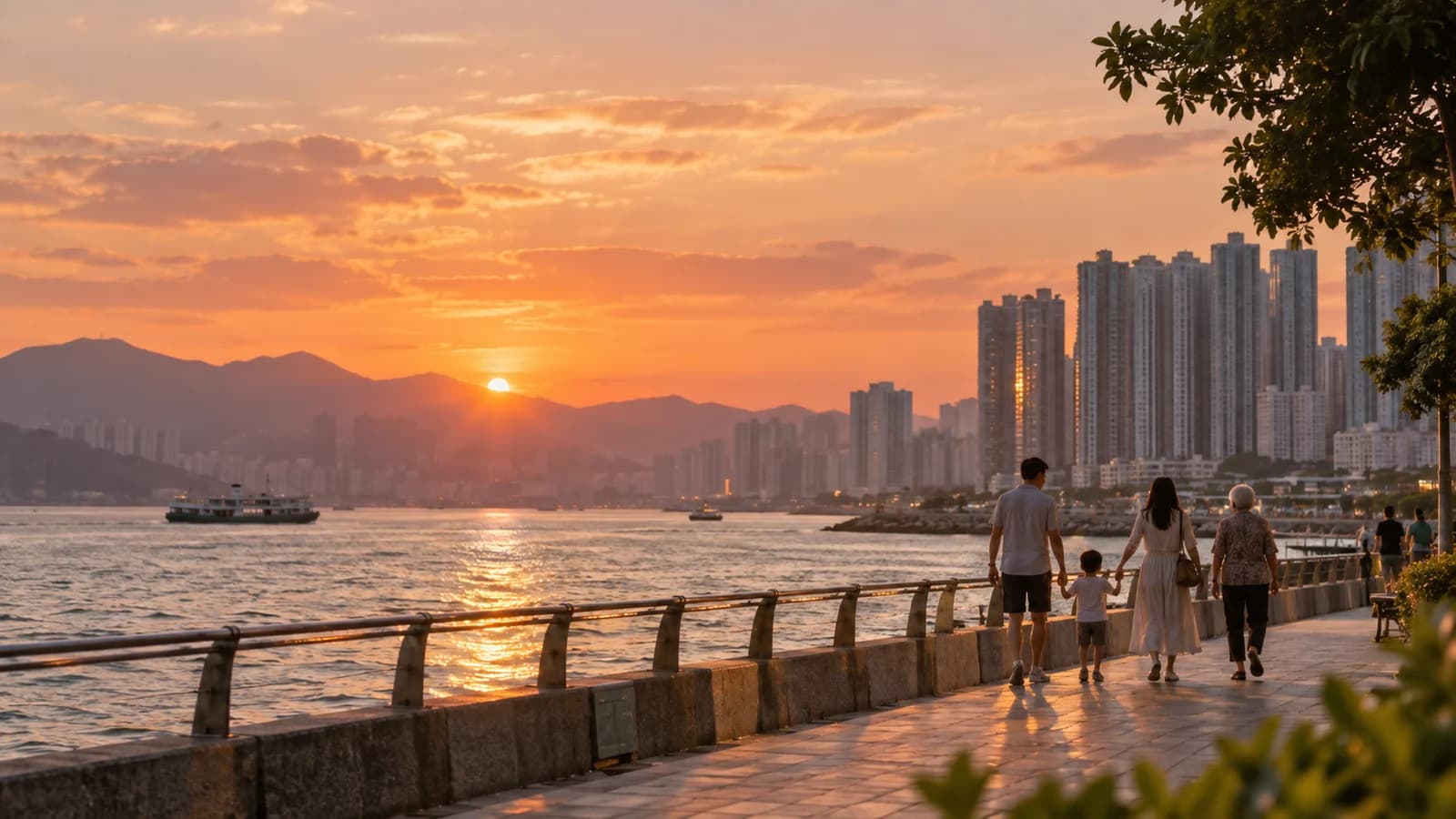 黃昏時太古海濱長廊，一家人喺度散步