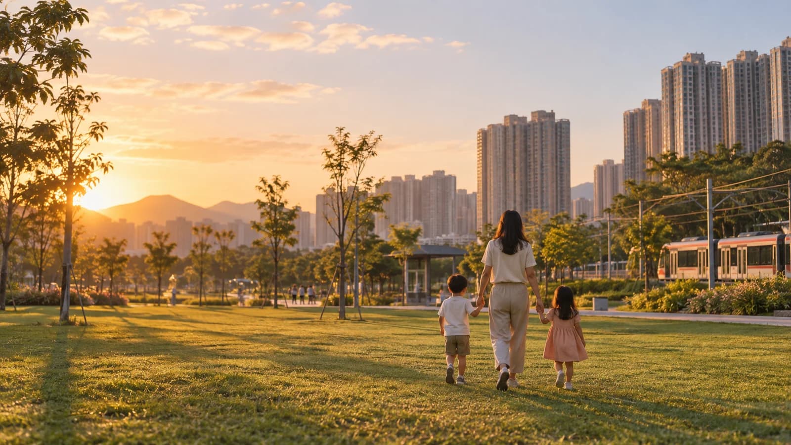 天水圍公園一帶，黃昏有家庭散步