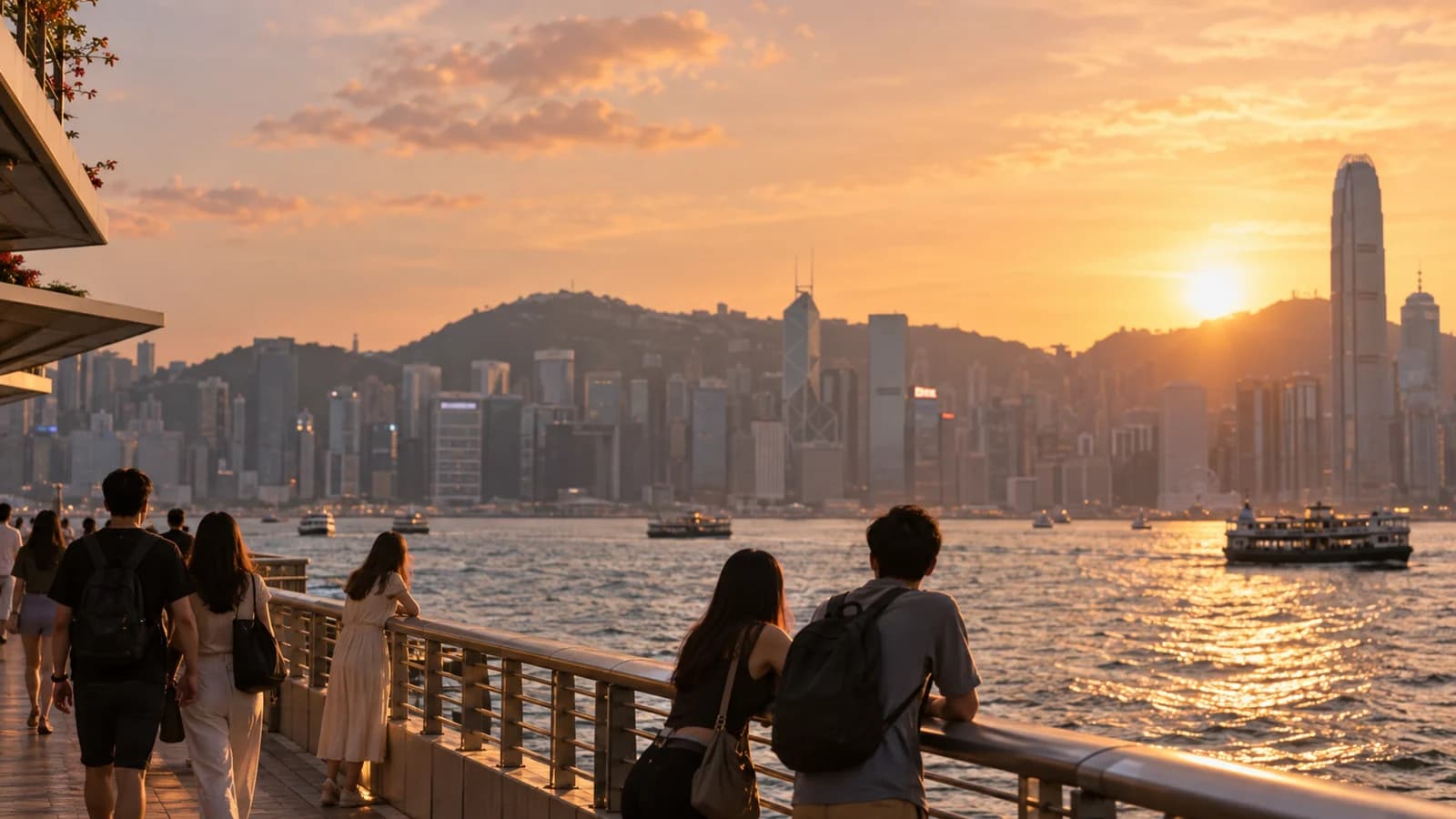 尖沙咀海旁黃昏，對岸維港景色