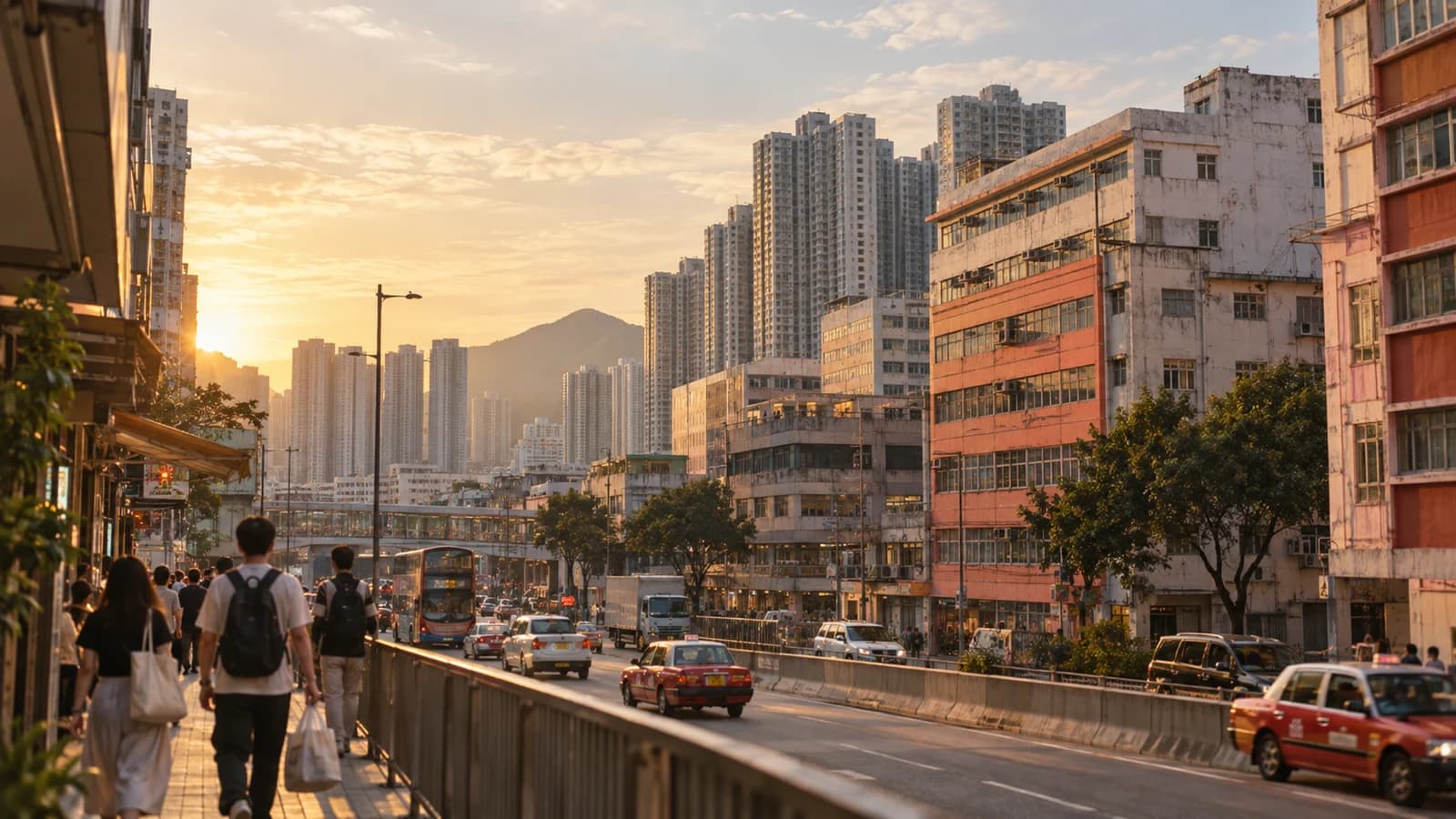 荃灣街頭，黃昏時分嘅住宅同工業大廈