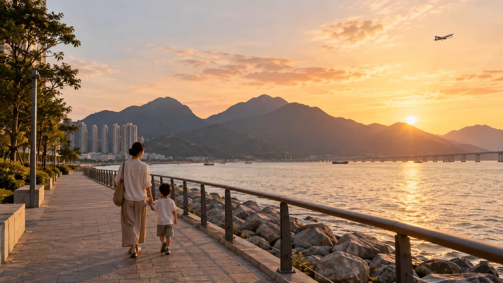 東涌海濱，日落時分望住海同遠山