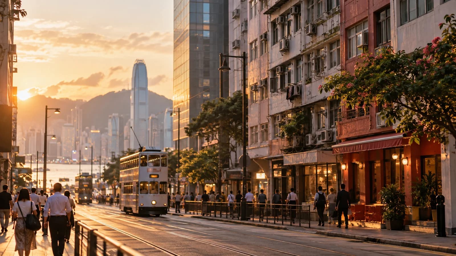 黃昏嘅灣仔街道，電車經過新舊大廈