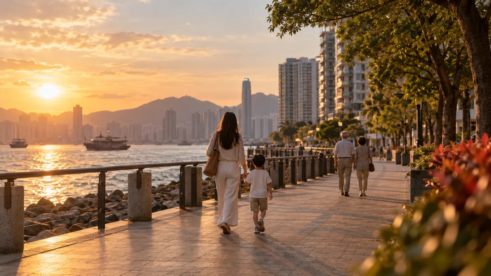 黃埔海旁屋苑黃昏，海濱長廊