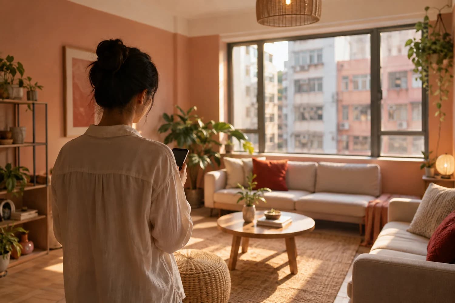 A host holding a phone in the corner of a party room, photographing its condition before guests arrive