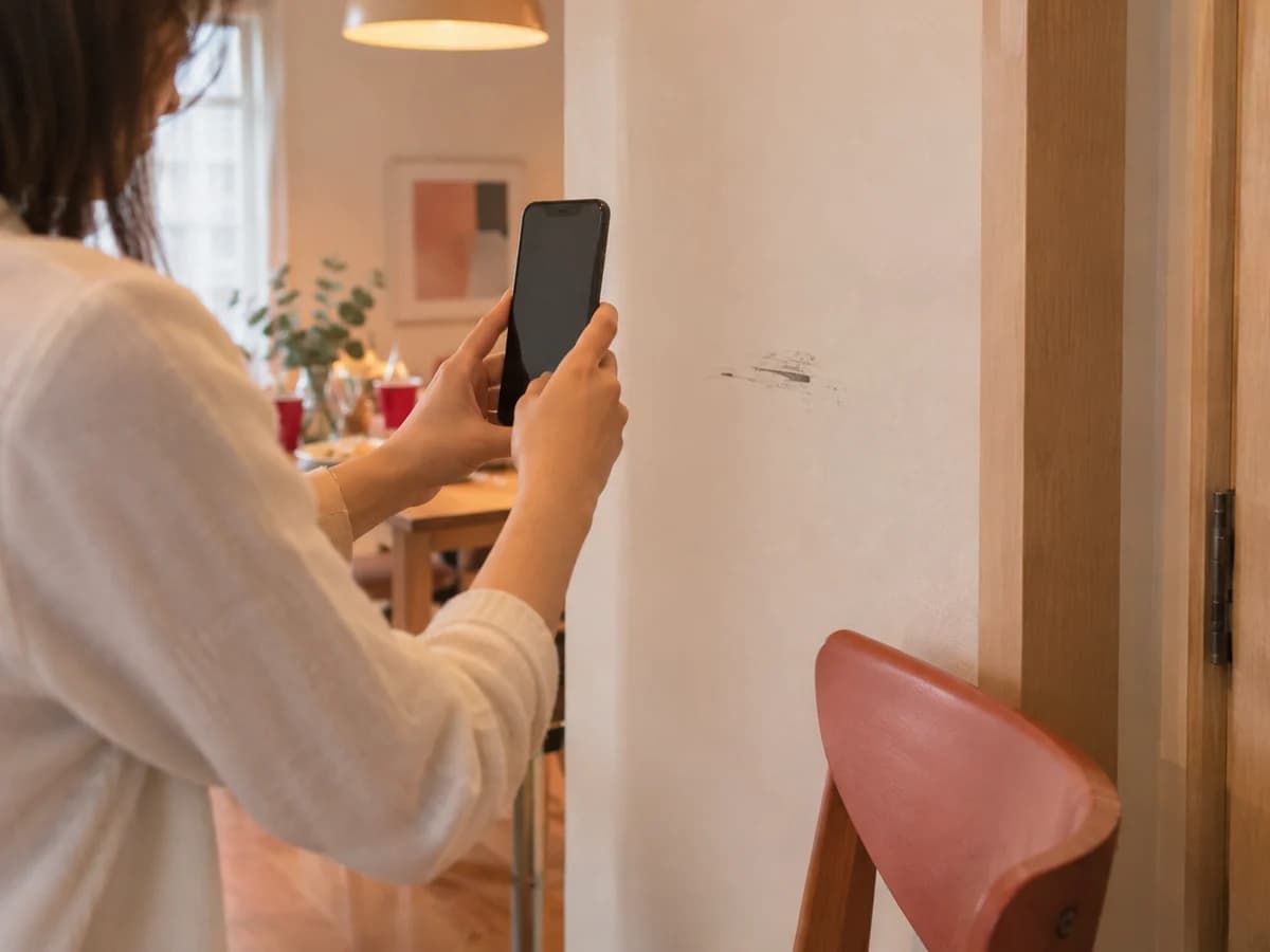 A host photographing a scuff mark on a wall with a phone