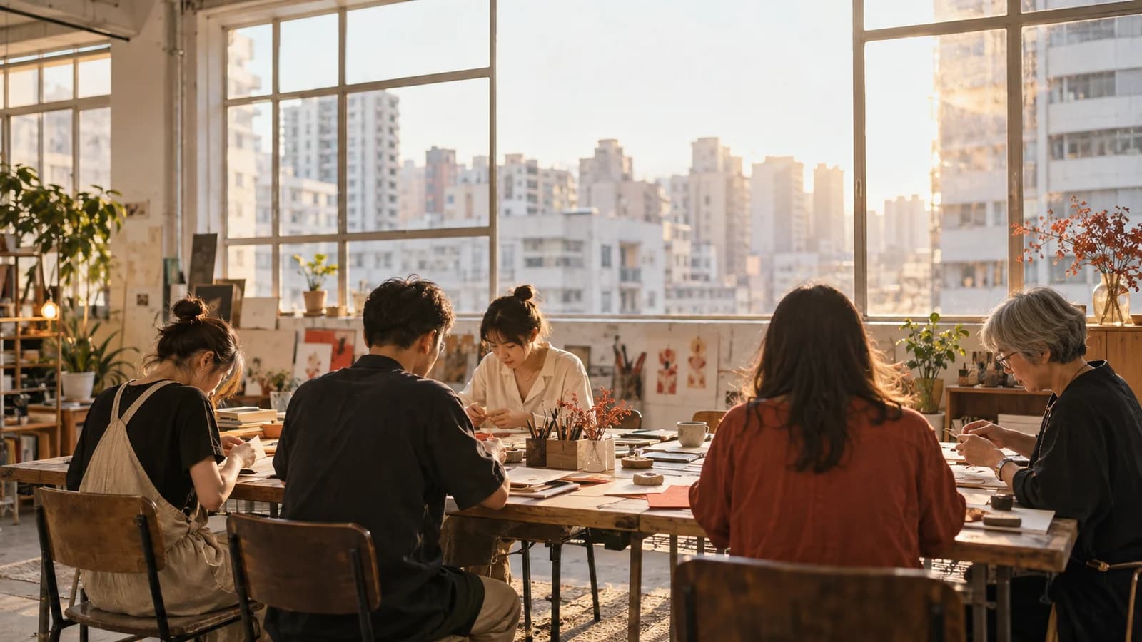 平日下晝，一細班人喺工廈場地入面圍住長枱上工作坊