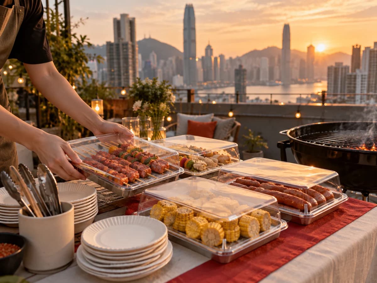 天台 BBQ 爐旁邊擺好嘅食物同用具