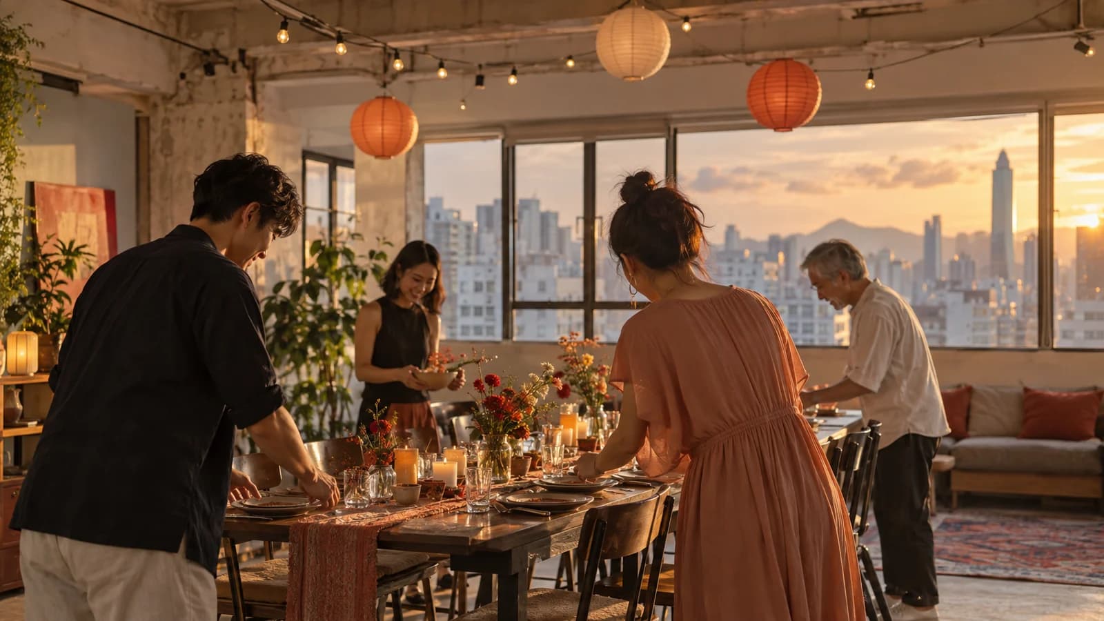 一班朋友在燈光溫暖的 Party Room 內佈置枱面，窗外是傍晚的九龍街景