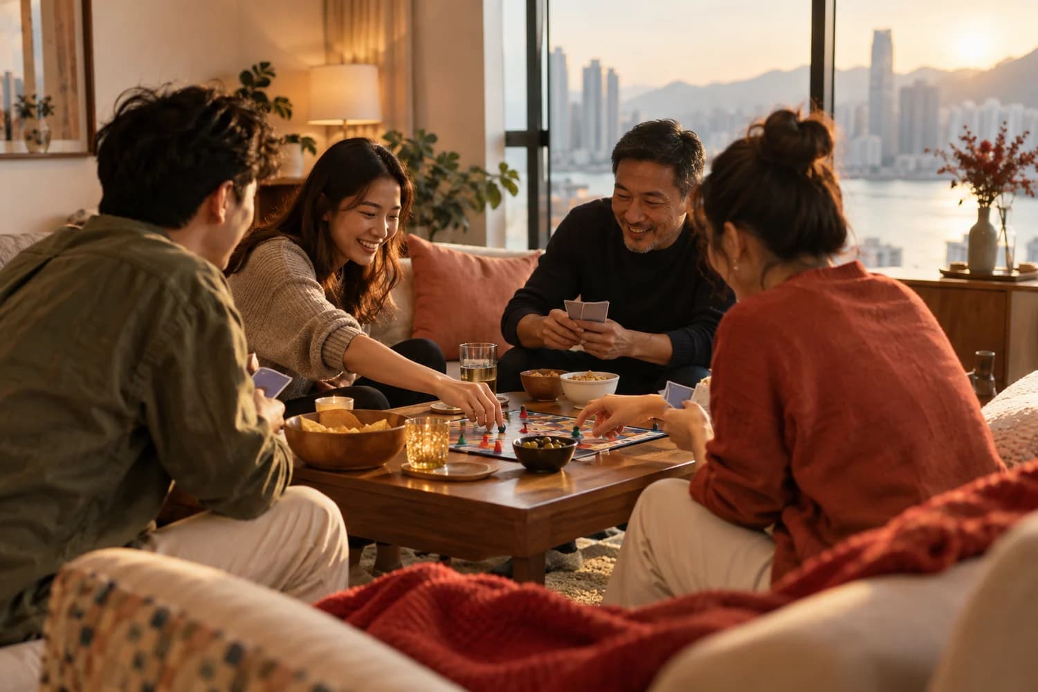 幾位朋友在 Party Room 的梳化上玩桌遊，枱上有飲品和小食
