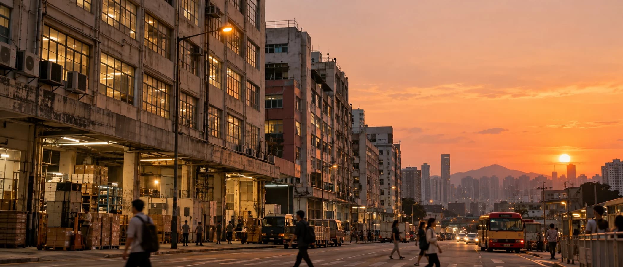 傍晚的九龍工業區街道，工廈窗戶亮起燈