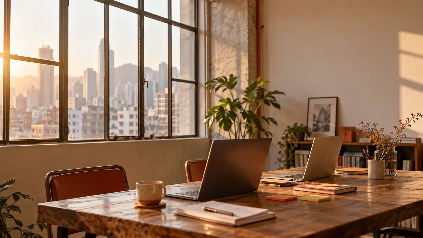 A work table by a window with a laptop, notebook and cup of tea, with Kowloon buildings outside