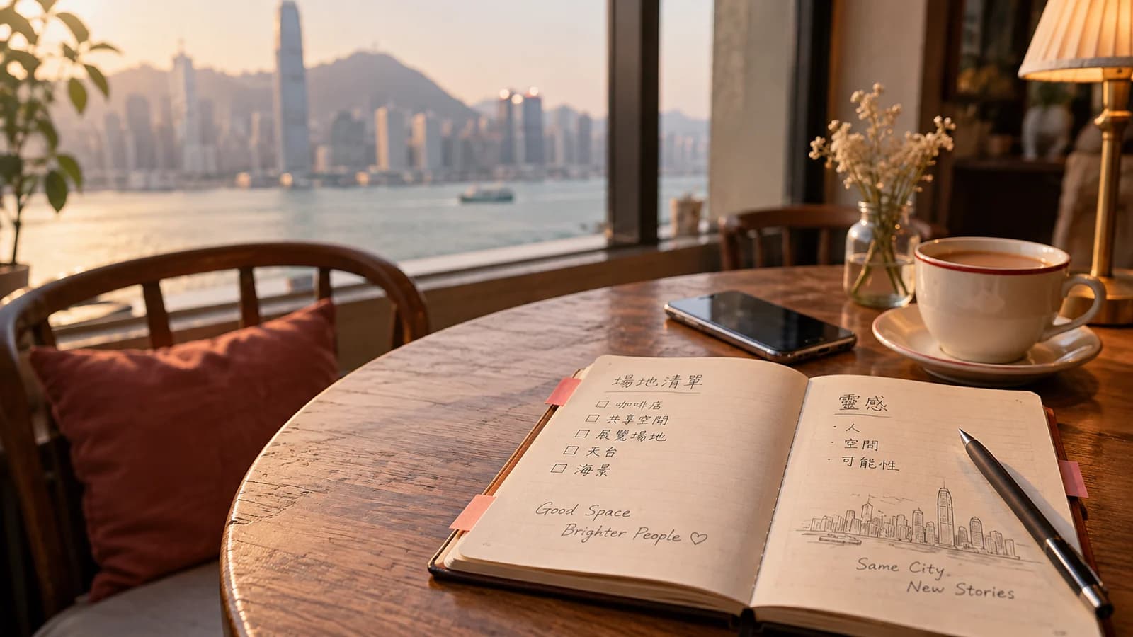 枱面上打開嘅筆記簿同手機