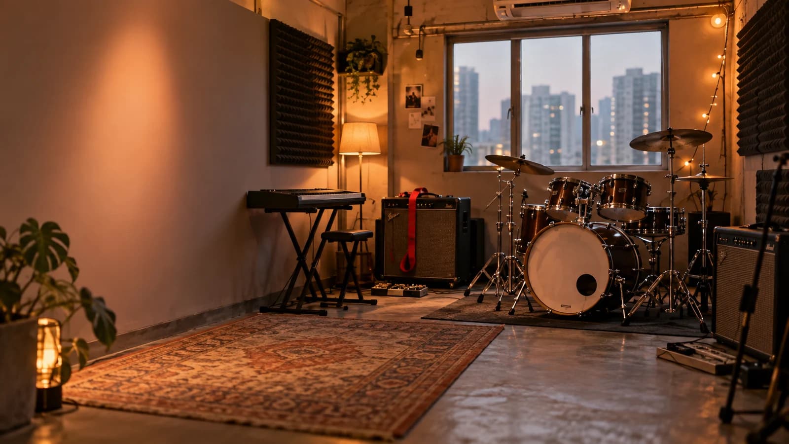 A band room in an industrial building with a drum kit, two amps and a keyboard, acoustic foam on the walls