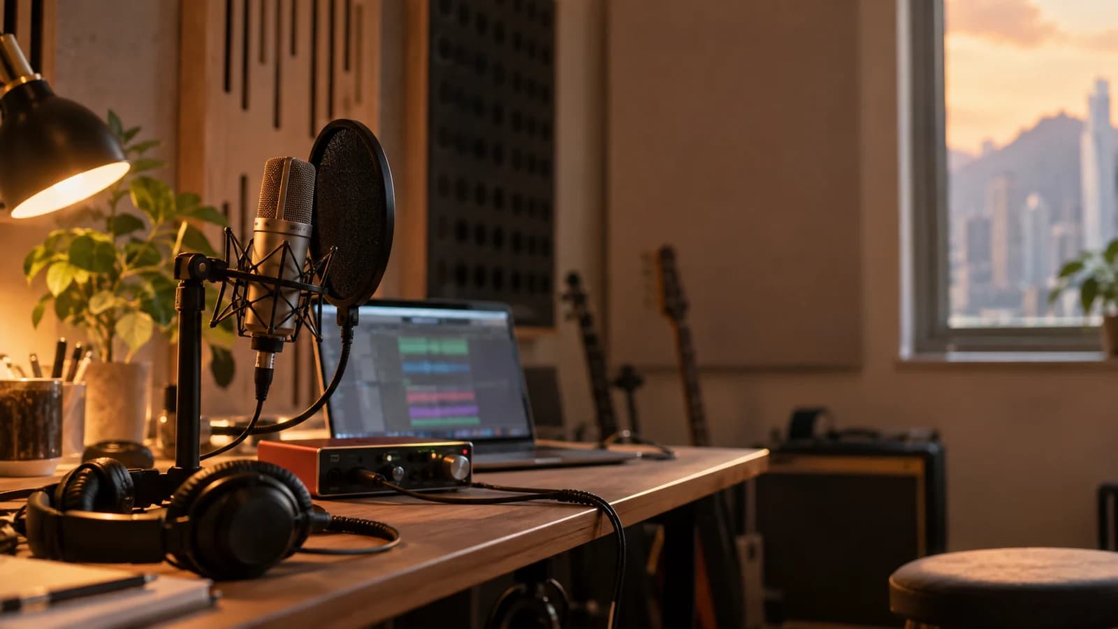 A laptop, audio interface, headphones and condenser microphone in a band room