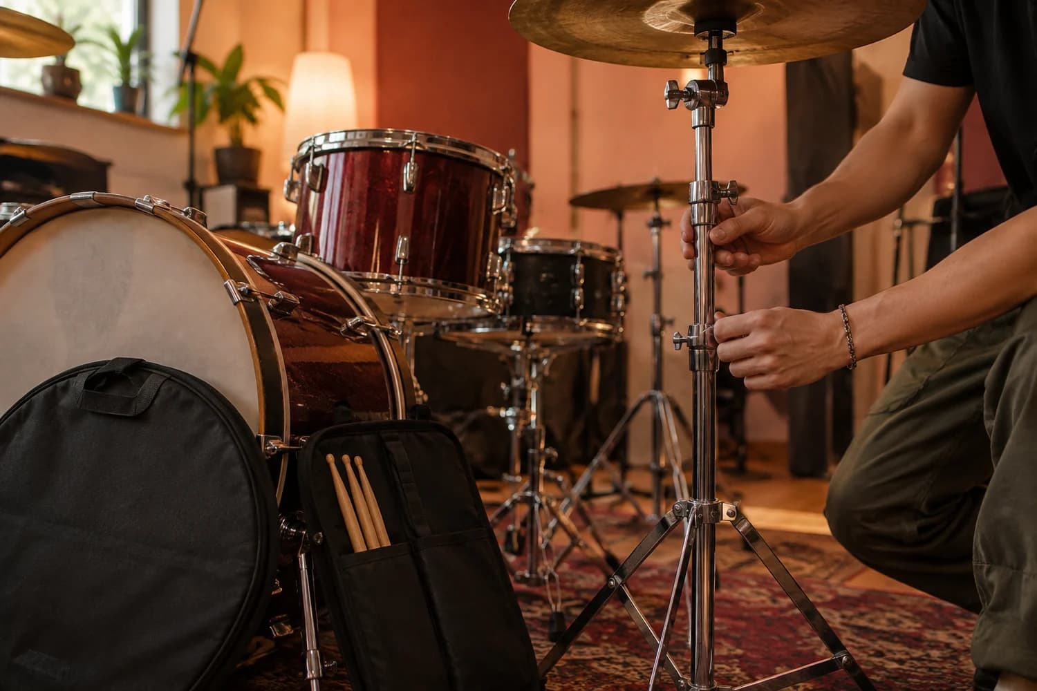 A drummer's hands adjusting a cymbal stand, with a cymbal bag and stick bag on the floor