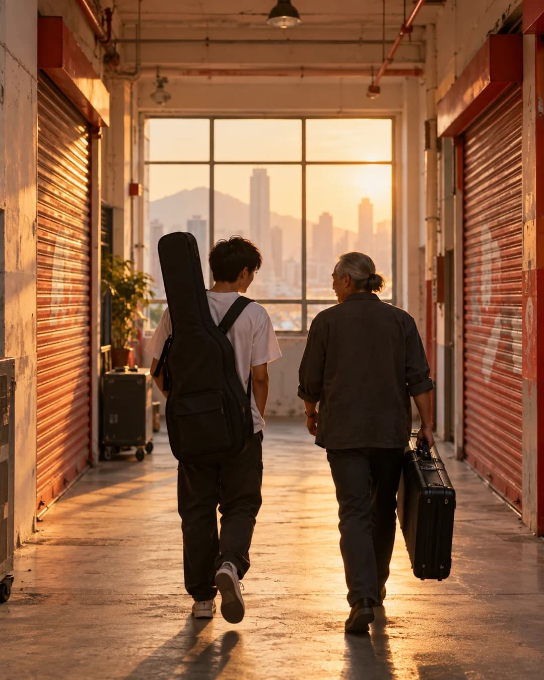Two musicians carrying a guitar bag and a keyboard case along an industrial building corridor