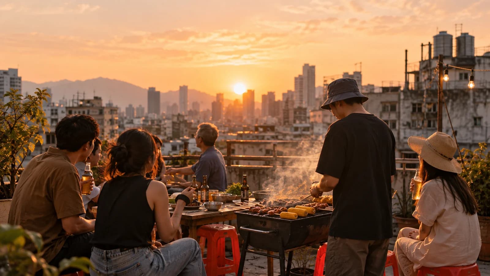 黃昏時分,一班朋友喺天台圍住燒烤爐燒嘢食,背景係九龍唐樓天台