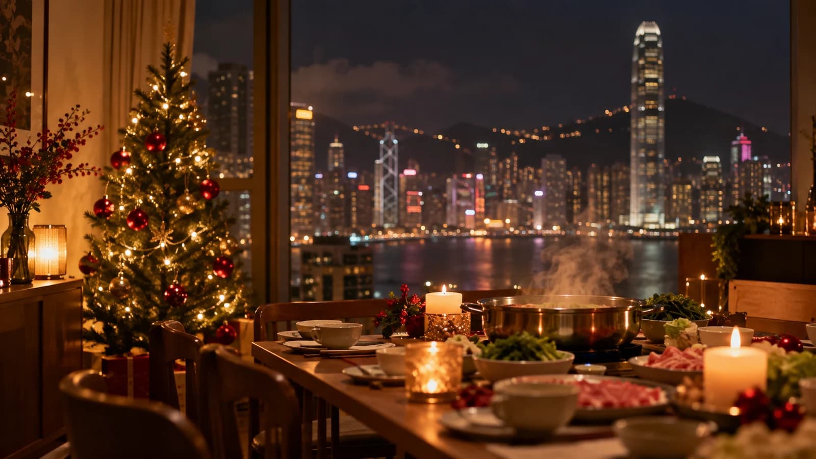夜晚嘅 Party Room,細聖誕樹同燈串著住,窗外係城市燈火