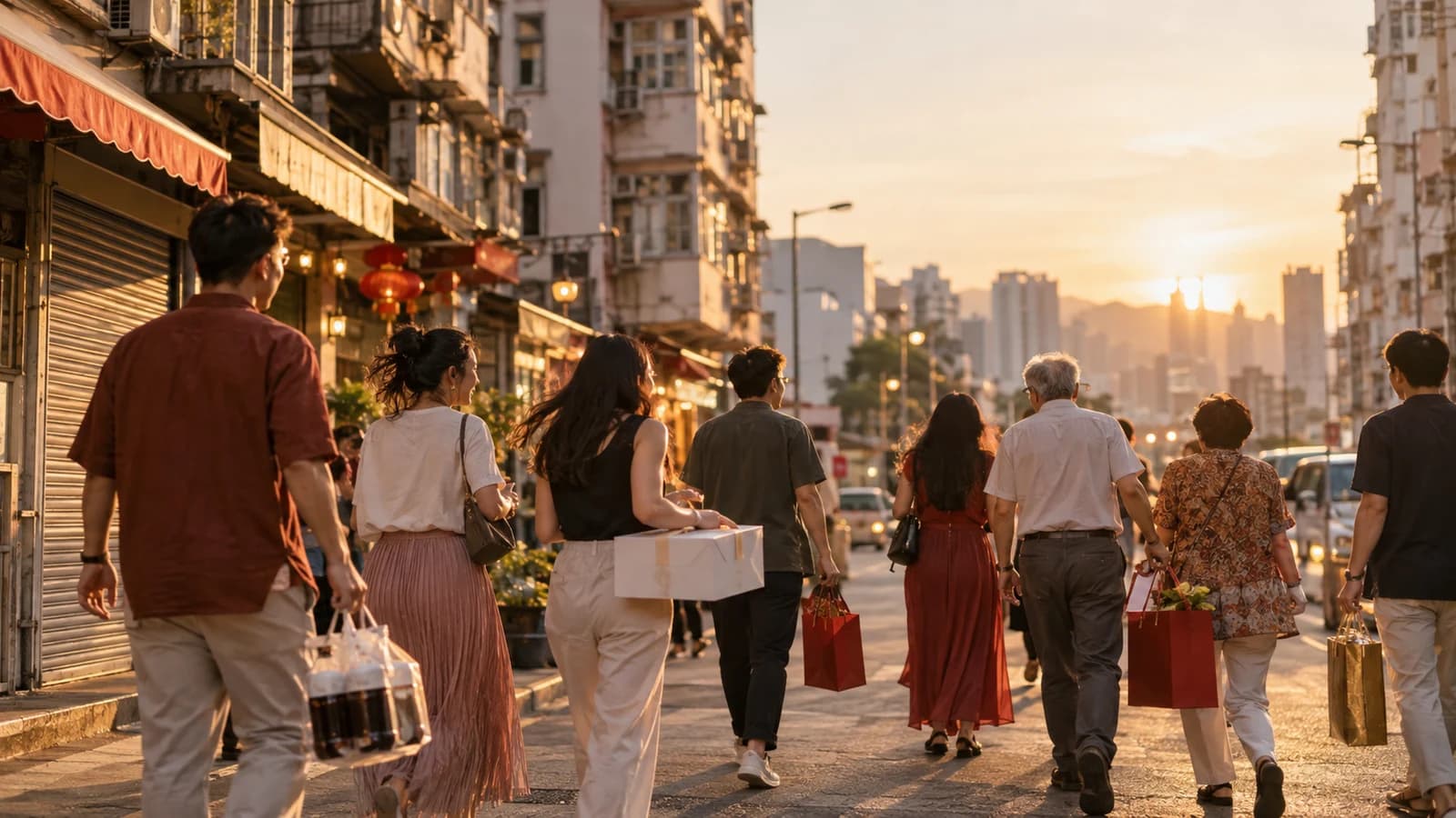黃昏時分一大班朋友喺舊式街道上行去聚會,手拎住飲品同禮物袋