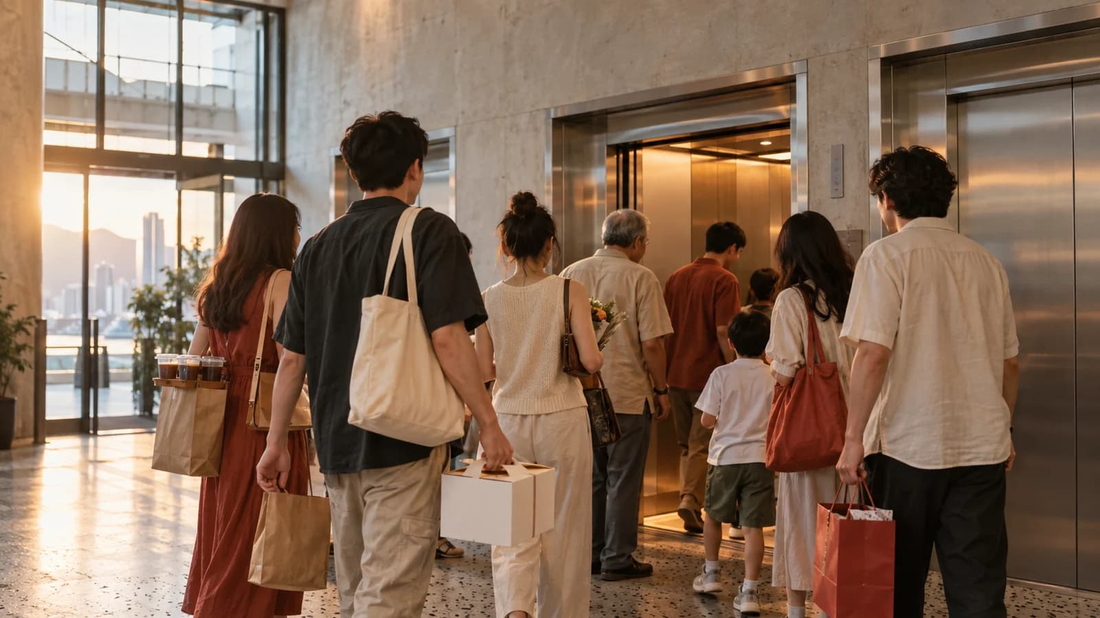 一大班人喺工廈大堂等升降機,手拎住食物同飲品