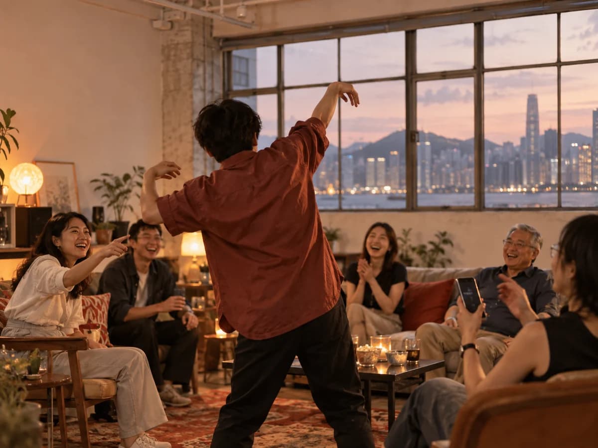 一個人企喺中間做動作,其他人坐住笑住估