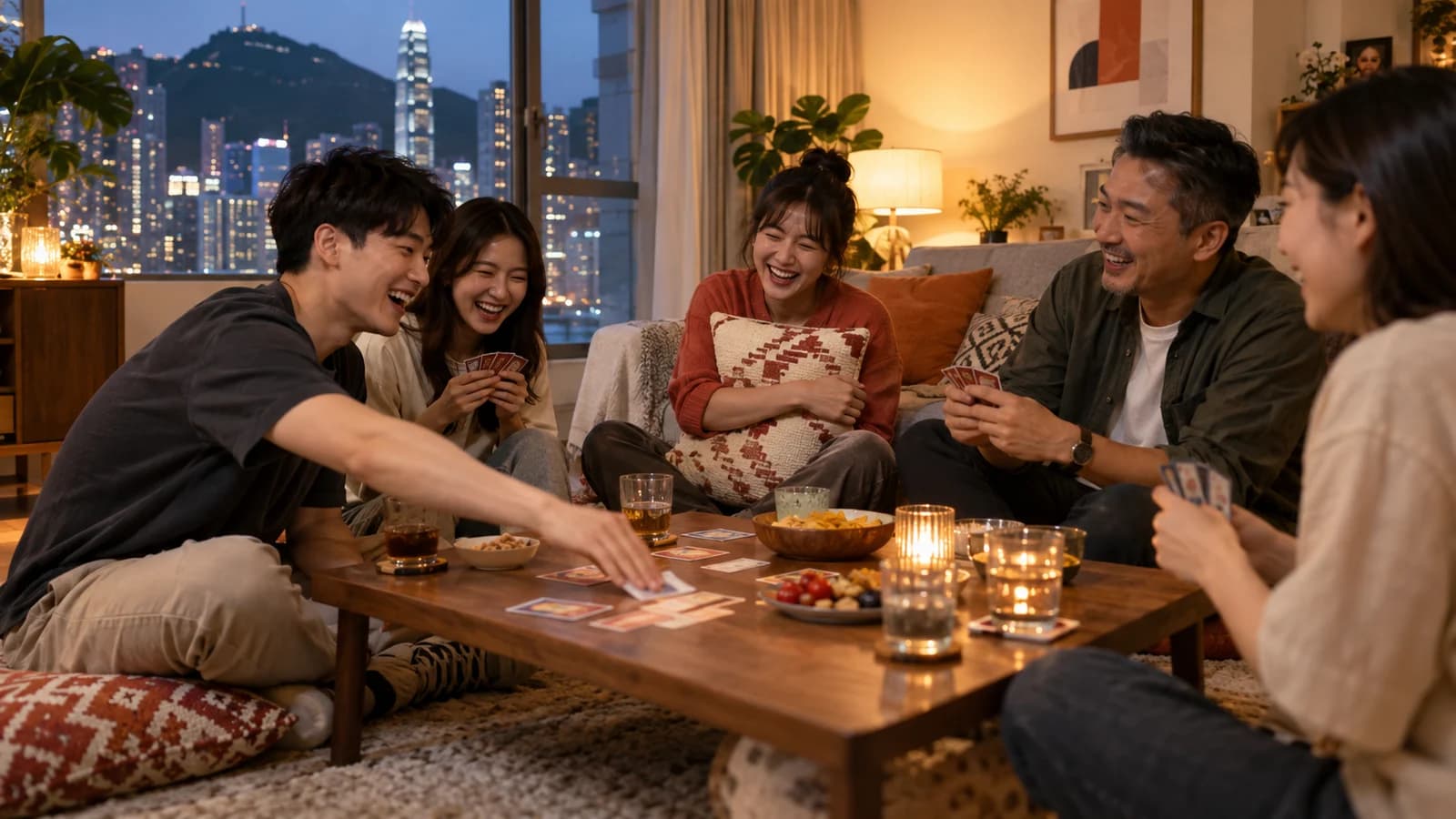 一班朋友圍住矮枱玩卡牌遊戲,有人舉手搶答,有人笑到攬住攬枕