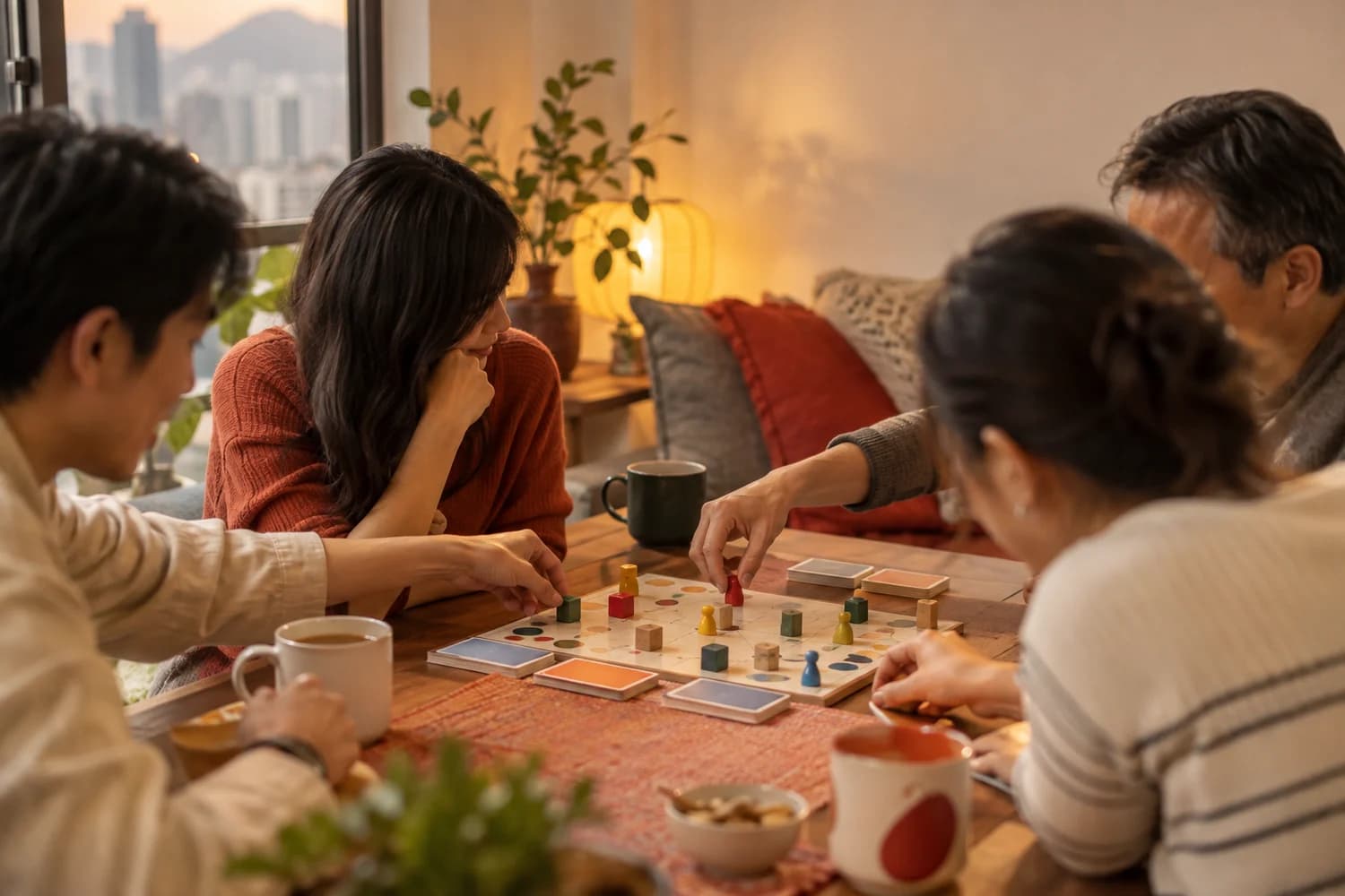 四個人圍住枱玩桌遊,枱面有棋子、卡牌同飲品