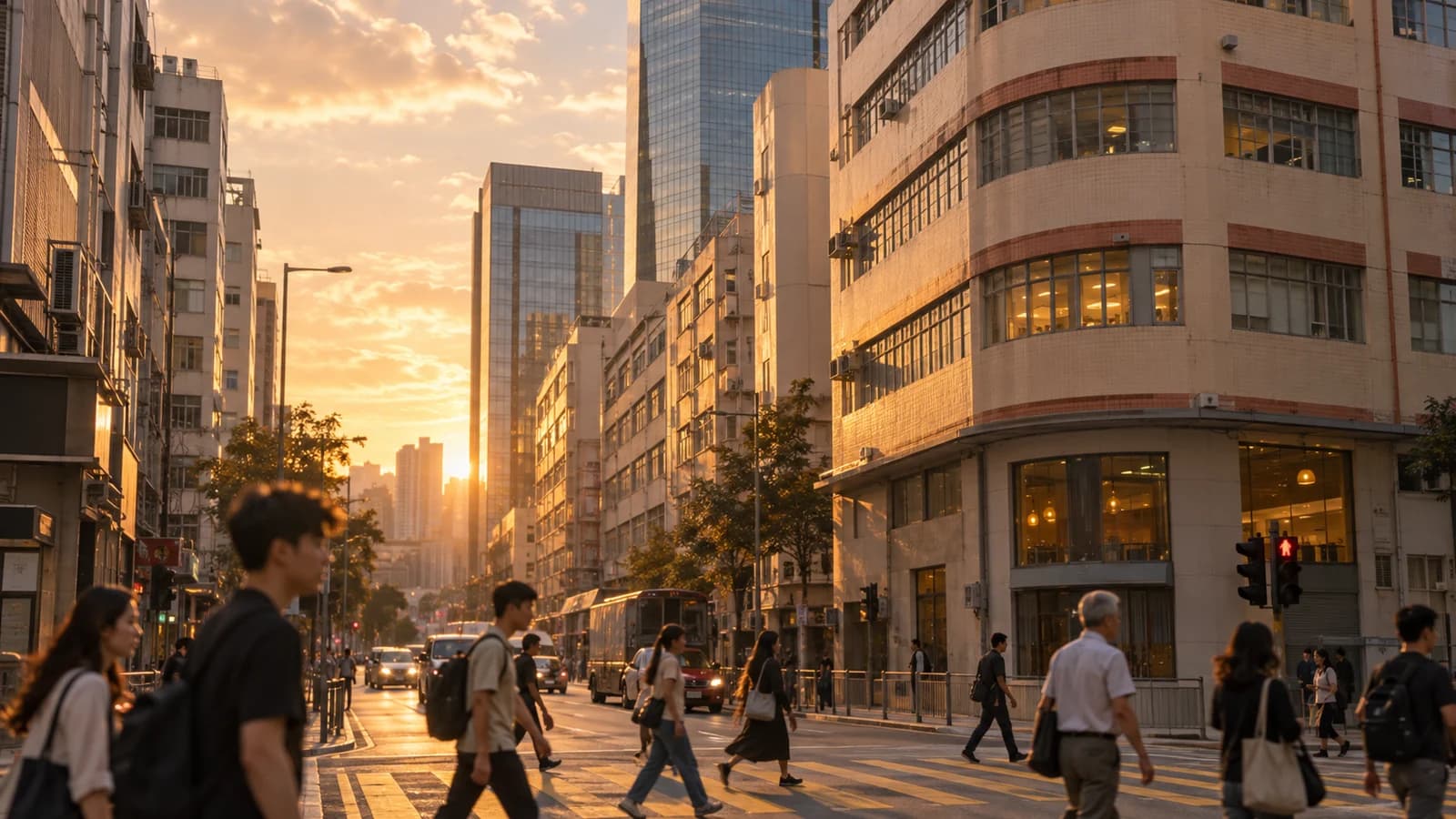 The Cheung Sha Wan industrial area at golden hour, old factory buildings beside a newer tower