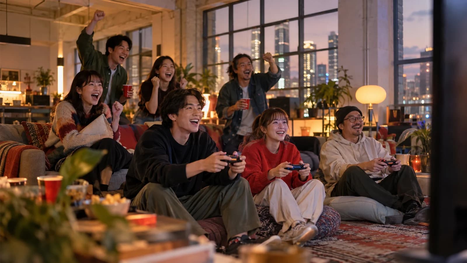 Friends on a sofa and floor cushions in an industrial-building party room, playing a console tournament