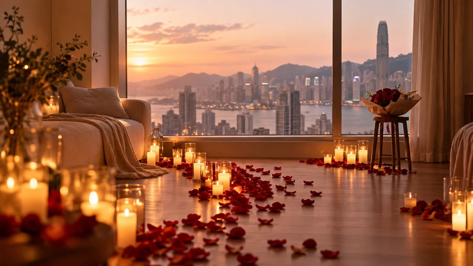 黃昏時佈置好嘅房間,地上排滿電子蠟燭同花瓣,窗外係城市景色