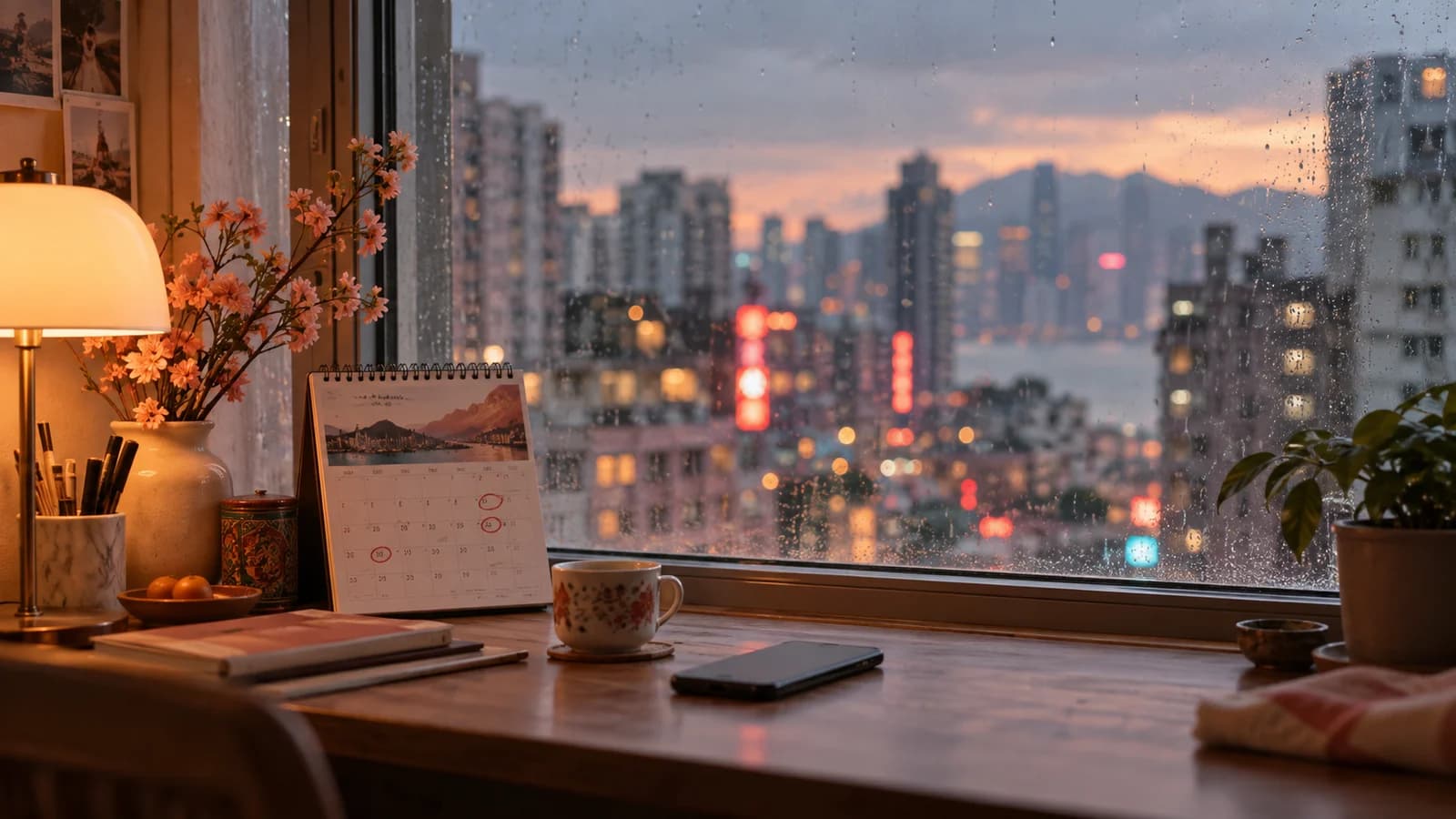 窗邊枱面上有一本月曆同一部手機,窗外係落雨嘅九龍街景