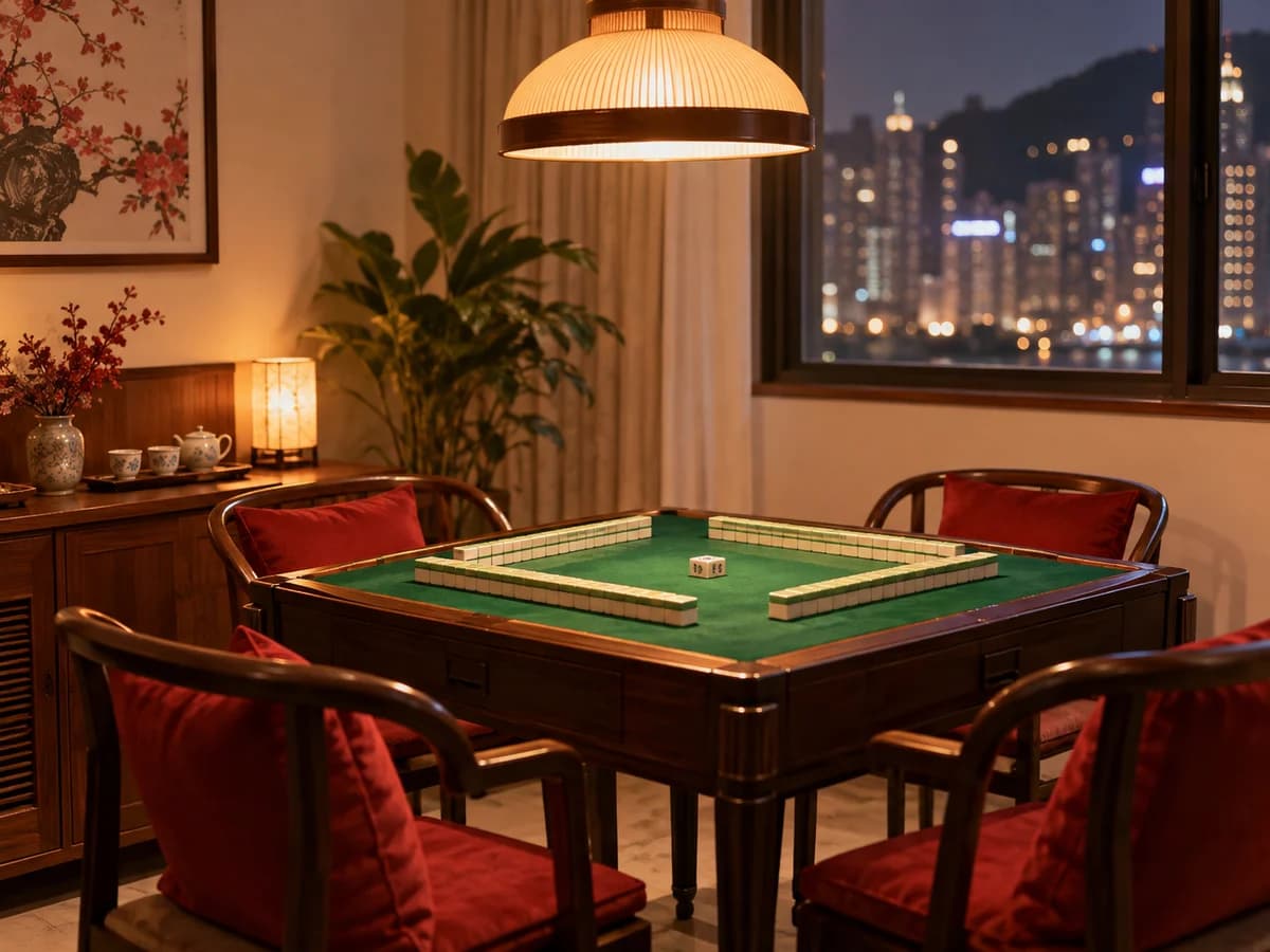 開好嘅麻雀枱,四張櫈擺正,枱邊放住茶杯